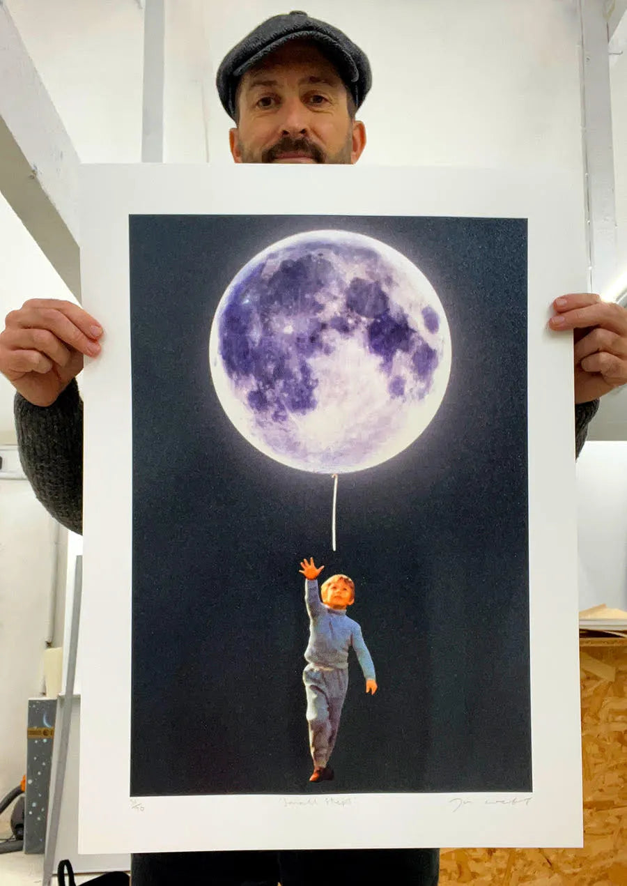 Joe Webb, Small Steps, 2023 Surreal collage limited edition artwork by contemporary artist Joe Webb for sale, blending vintage imagery with cosmic and pop culture elements, represented by Smolensky Gallery