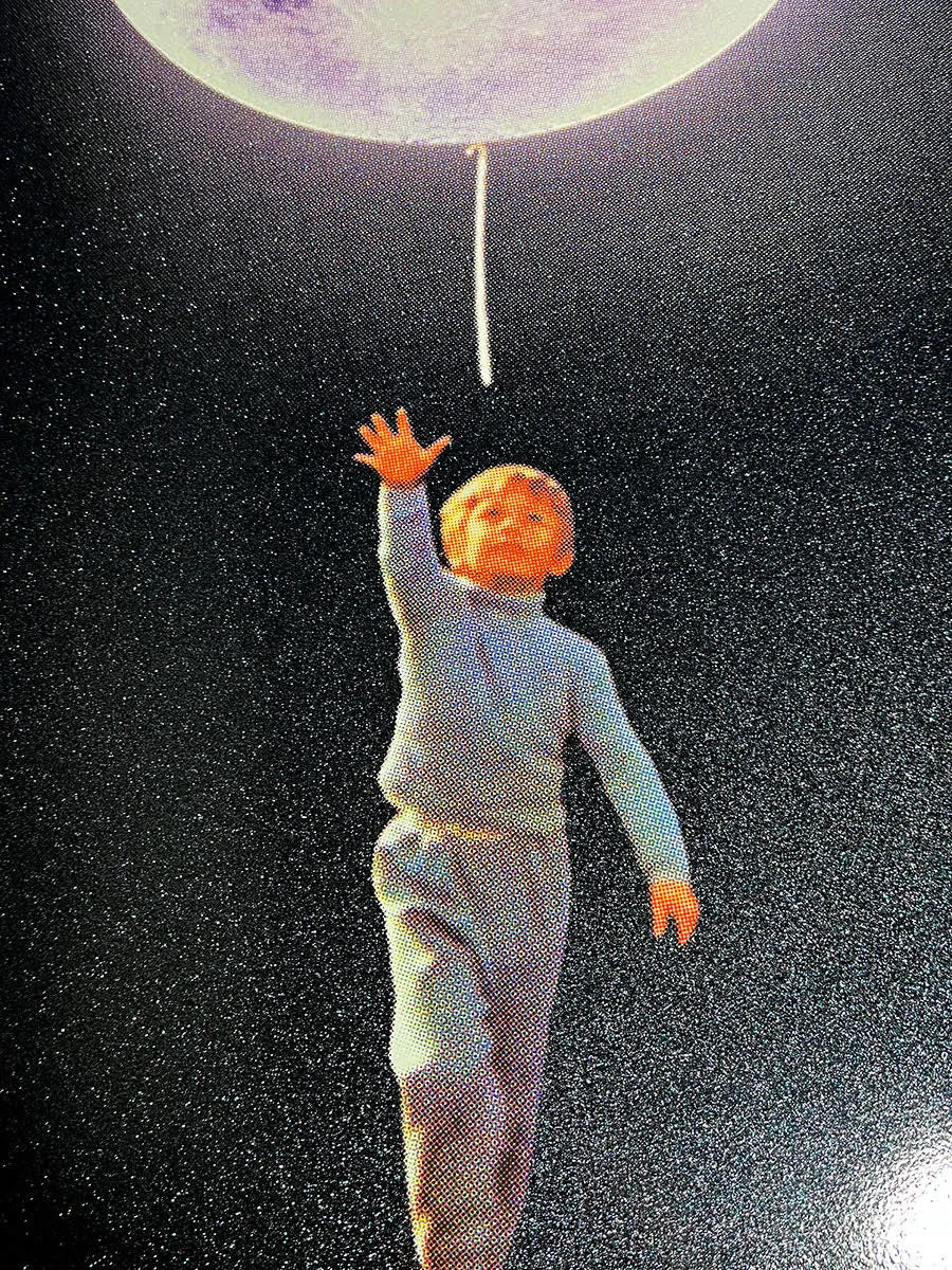 Joe Webb, Small Steps, 2023 Surreal collage limited edition artwork by contemporary artist Joe Webb for sale, blending vintage imagery with cosmic and pop culture elements, represented by Smolensky Gallery