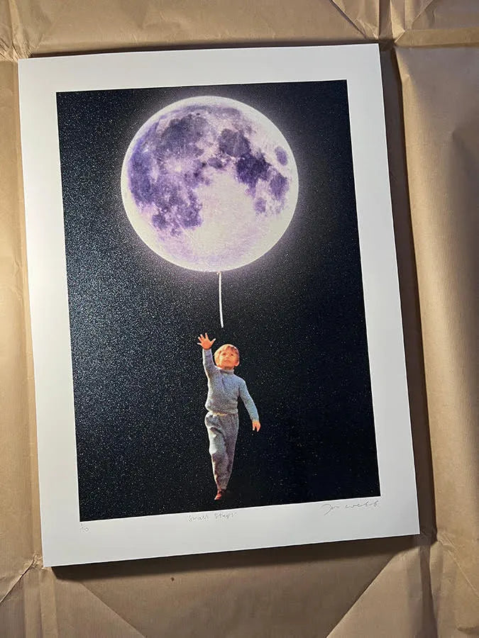 Joe Webb, Small Steps, 2023 Surreal collage limited edition artwork by contemporary artist Joe Webb for sale, blending vintage imagery with cosmic and pop culture elements, represented by Smolensky Gallery