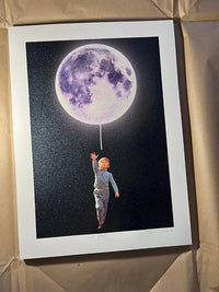 Joe Webb, Small Steps, 2023 Surreal collage limited edition artwork by contemporary artist Joe Webb for sale, blending vintage imagery with cosmic and pop culture elements, represented by Smolensky Gallery