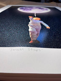 Joe Webb, Small Steps, 2023 Surreal collage limited edition artwork by contemporary artist Joe Webb for sale, blending vintage imagery with cosmic and pop culture elements, represented by Smolensky Gallery