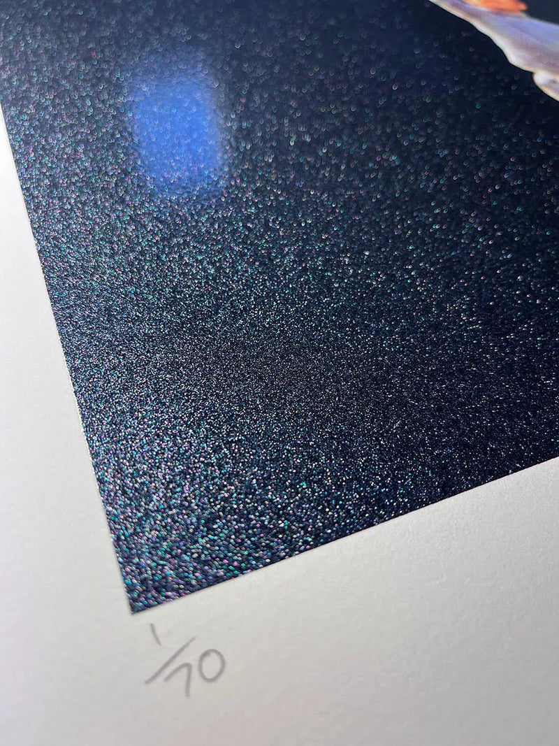 Joe Webb, Small Steps, 2023 Surreal collage limited edition artwork by contemporary artist Joe Webb for sale, blending vintage imagery with cosmic and pop culture elements, represented by Smolensky Gallery