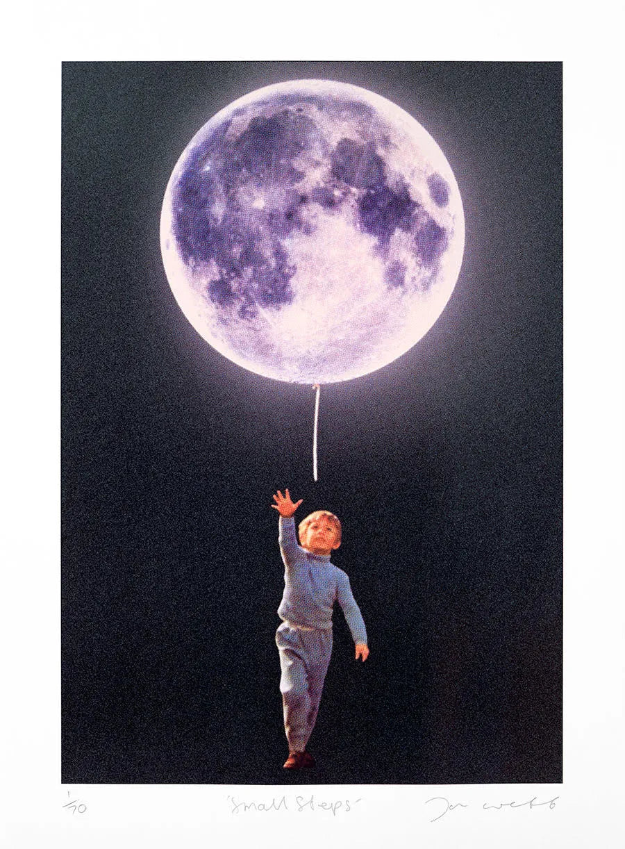 Joe Webb, Small Steps, 2023 Surreal collage limited edition artwork by contemporary artist Joe Webb for sale, blending vintage imagery with cosmic and pop culture elements, represented by Smolensky Gallery