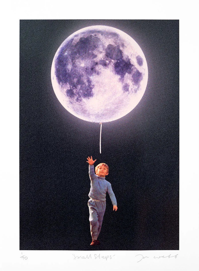 Joe Webb, Small Steps, 2023 Surreal collage limited edition artwork by contemporary artist Joe Webb for sale, blending vintage imagery with cosmic and pop culture elements, represented by Smolensky Gallery