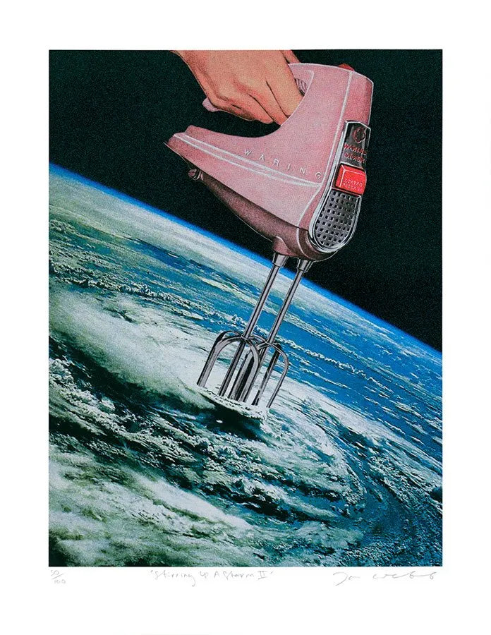 Joe Webb, Stirring Up A Storm II, 2022 Surreal collage limited edition artwork by contemporary artist Joe Webb for sale, blending vintage imagery with cosmic and pop culture elements, represented by Smolensky Gallery