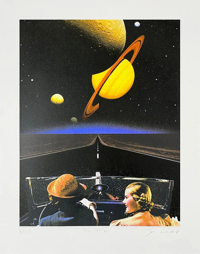 Joe Webb, The Trip, 2023 Surreal collage limited edition artwork by contemporary artist Joe Webb for sale, blending vintage imagery with cosmic and pop culture elements, represented by Smolensky Gallery