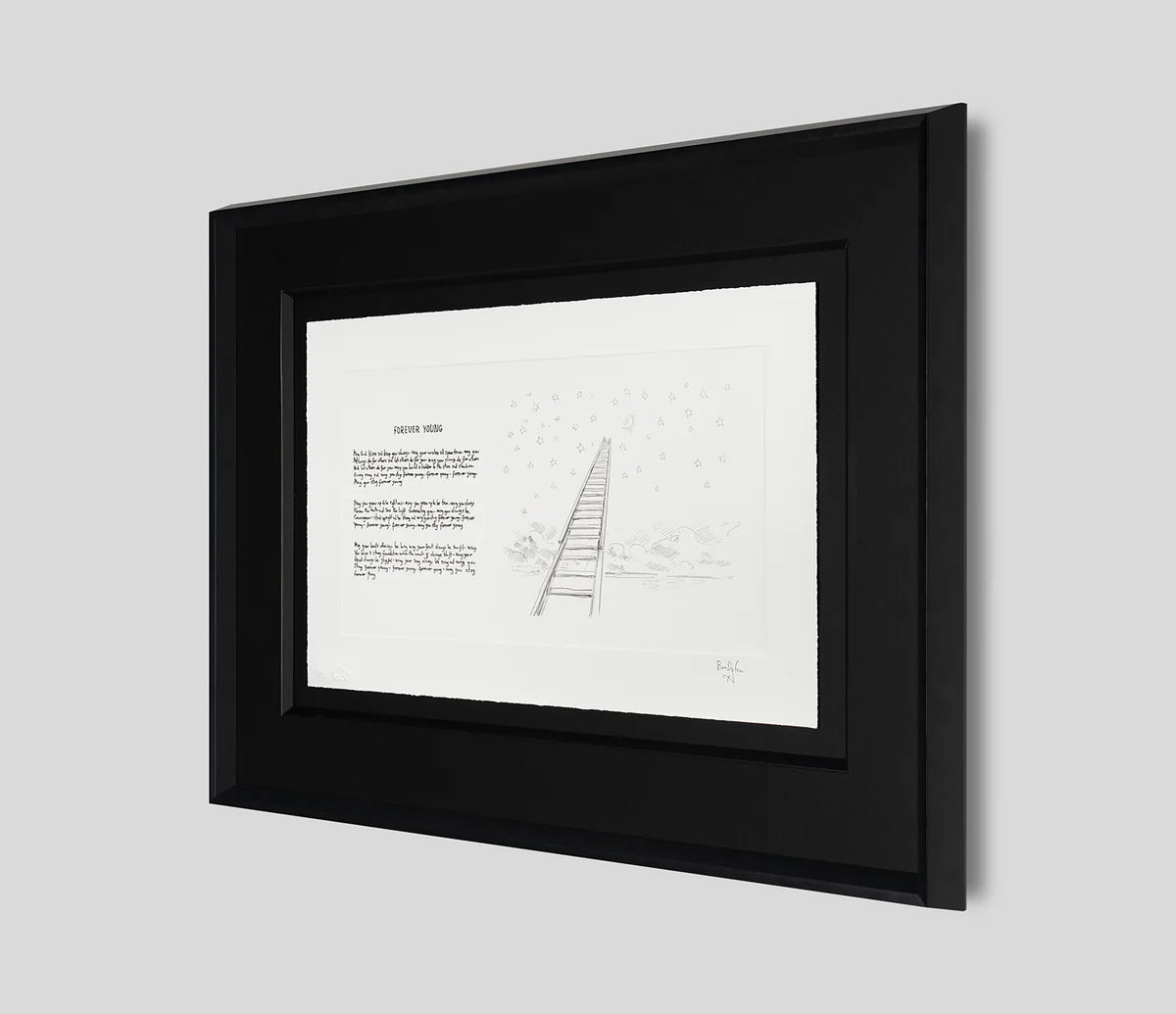 A framed black and white art print featuring a pencil sketch of a ladder and a poem, presented in a modern black frame against a light gray background.
