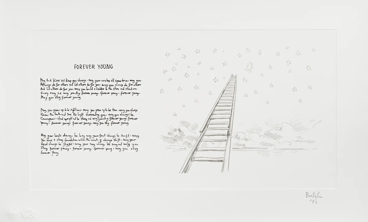 A square art print featuring a minimalist black line drawing of a ladder leading up a hill toward tiny houses, alongside handwritten text on the left under the title 'FOREVER YOUNG'.