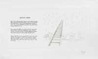 A square art print featuring a minimalist black line drawing of a ladder leading up a hill toward tiny houses, alongside handwritten text on the left under the title 'FOREVER YOUNG'.