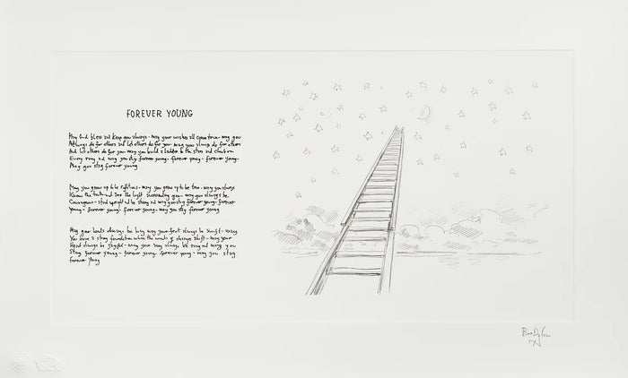 A square art print featuring a minimalist black line drawing of a ladder leading up a hill toward tiny houses, alongside handwritten text on the left under the title 'FOREVER YOUNG'.