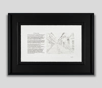 Framed black and white art print featuring a pencil-style sketch of a European street on the right and a block of text on the left, set in a black frame against a light gray background.
