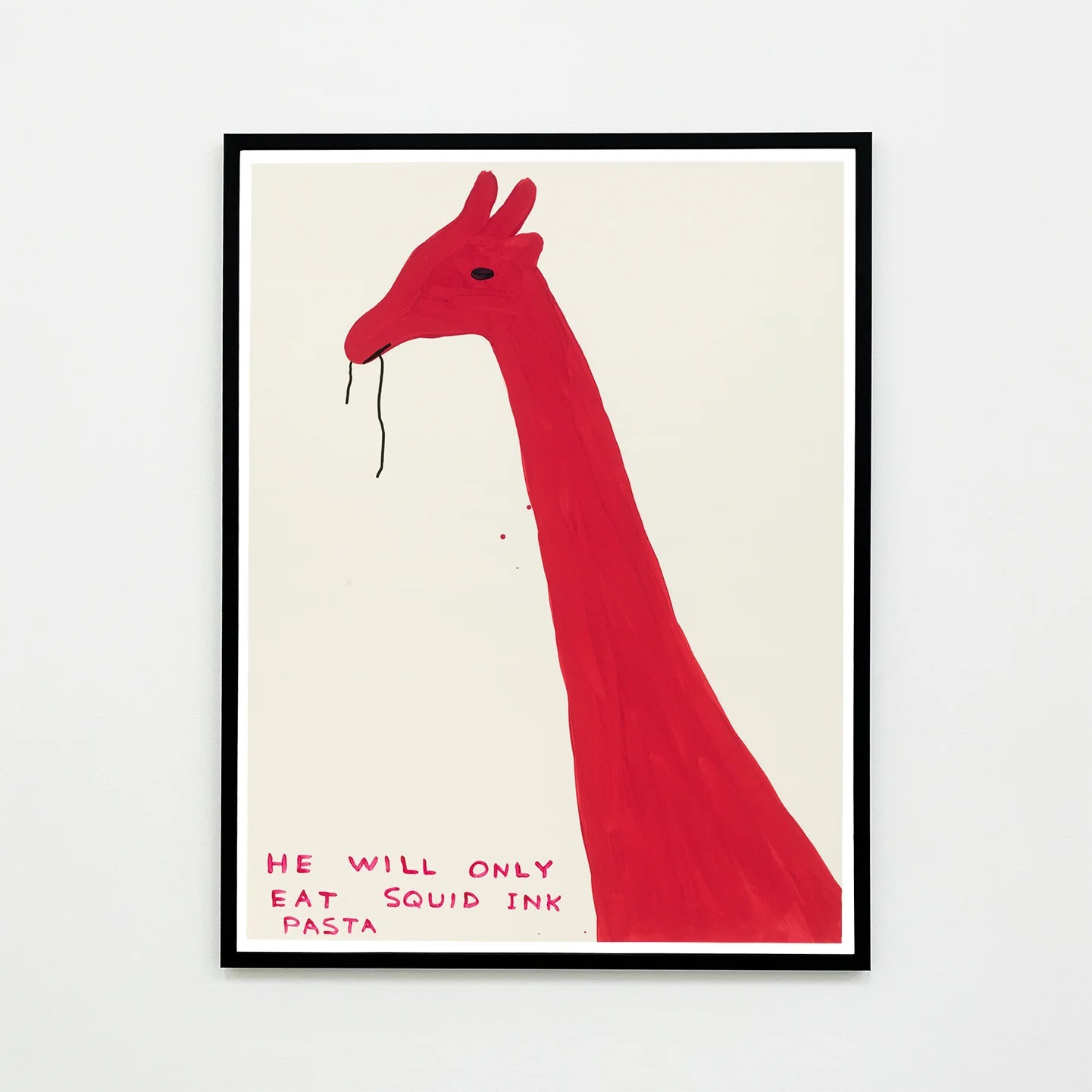 David Shrigley Print  He Will Only Eat Squid Ink Pasta in a black frame 