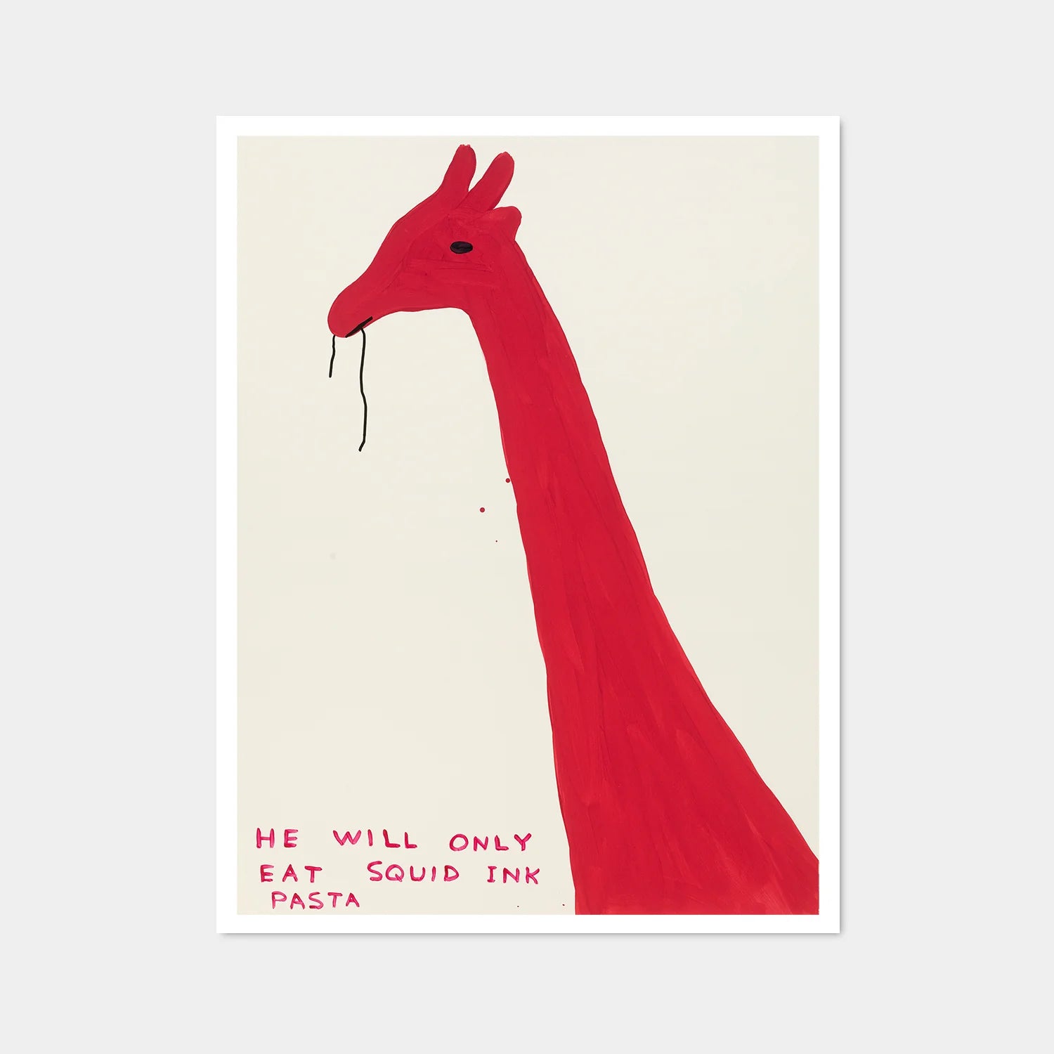 David Shrigley print of a red giraffe eating a piece of squid on a white background 