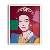 an image of an artwork by andy warhol titled 334 queen elizabeth II in a white frame. the artwork features the queen's face in the centre, rendered in the classic screenprint pop art style of andy warhol. the queen's clothing is coloured in gold and blue, with her hair and crown outlined in varying shades of blue, cream, and gold. she is shown on a background of maroon, with four solid square blocks of colour: on the left, green and blue, on the right, pink and red. an andy warhol print by sunday b morning