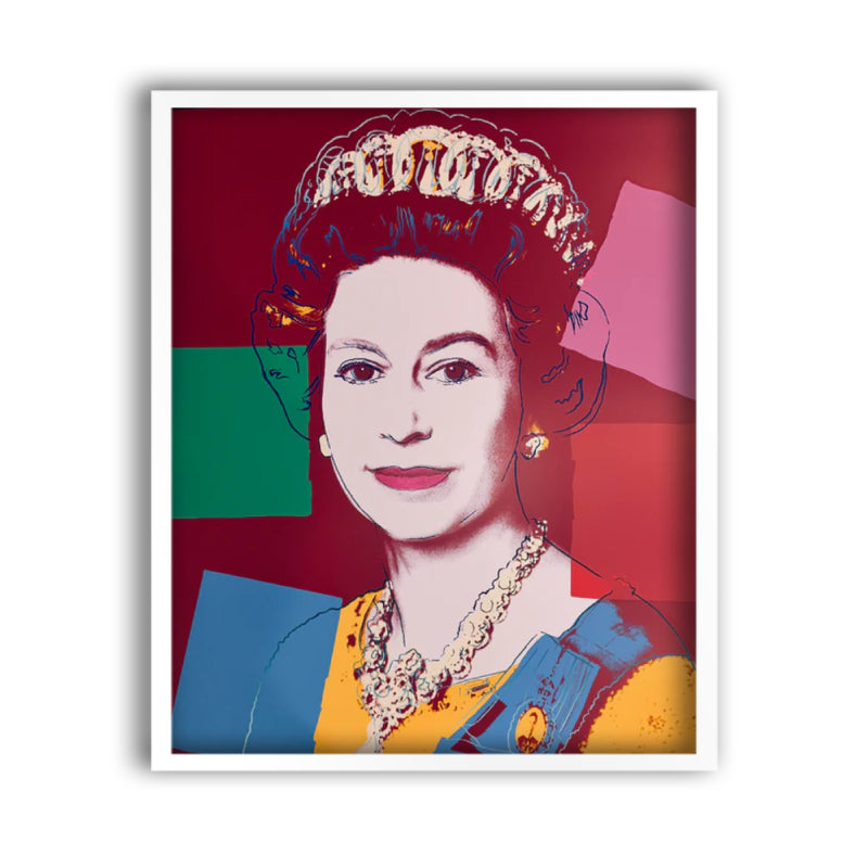 an image of an artwork by andy warhol titled 334 queen elizabeth II in a white frame. the artwork features the queen's face in the centre, rendered in the classic screenprint pop art style of andy warhol. the queen's clothing is coloured in gold and blue, with her hair and crown outlined in varying shades of blue, cream, and gold. she is shown on a background of maroon, with four solid square blocks of colour: on the left, green and blue, on the right, pink and red. an andy warhol print by sunday b morning