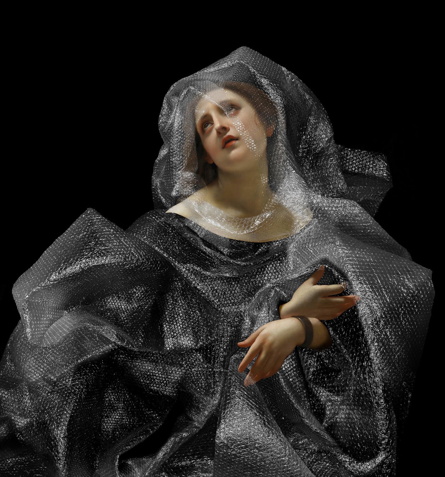 Art print by Magnus Gjoen titled 'Thou Shalt Go Gently into the Dark.' A playful and thought-provoking blend of Renaissance aesthetics and contemporary material, featuring a woman in a bubble wrap dress. Limited edition of 25, sized at 70 x 75 cm, priced at £995.00, inviting viewers to reflect on the paradox of vulnerability and resilience in art.