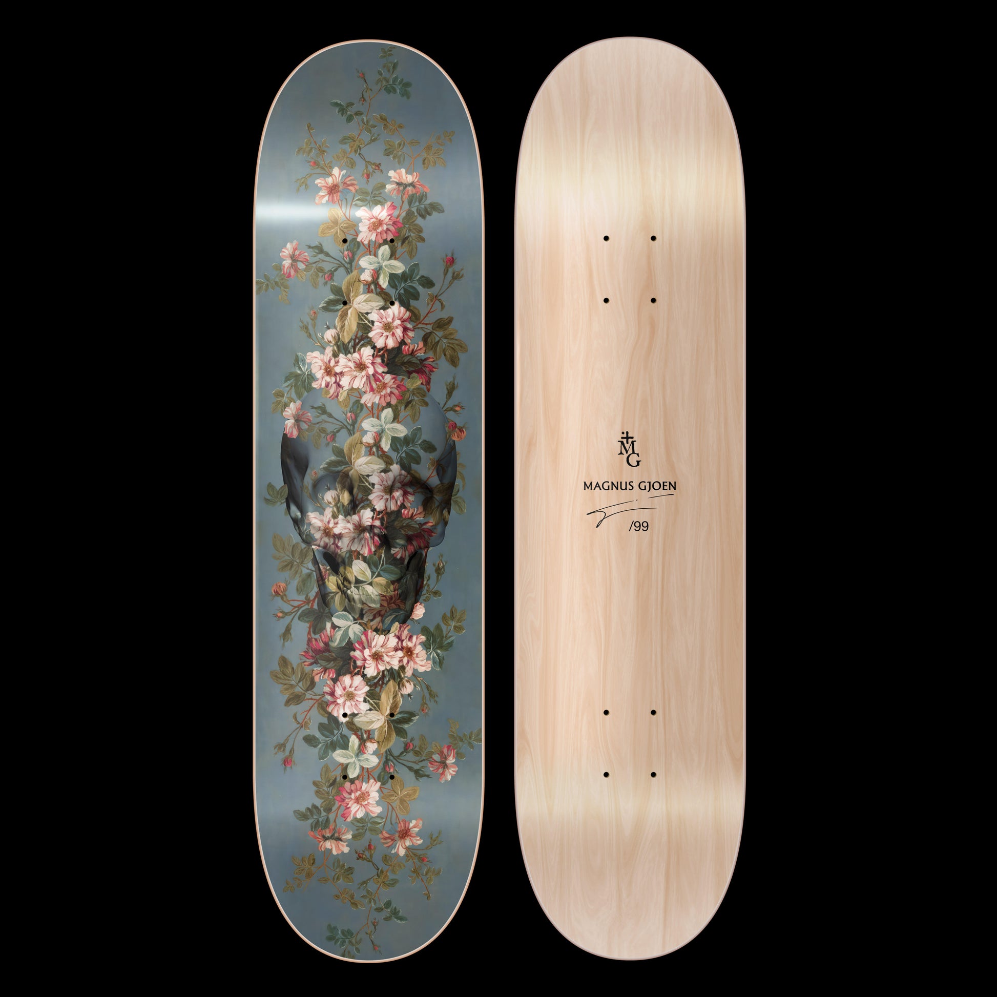 Magnus Gjoen, And Death Shall Have No Dominion skateboard for sale which contain a skull on a teal blue backgroung with flowers going thought the middle from top to bottom