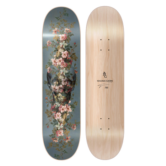 Magnus Gjoen, And Death Shall Have No Dominion skateboard for sale which contain a skull on a teal blue backgroung with flowers going thought the middle from top to bottom