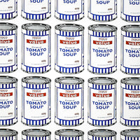a zoomed in image of an artwork by banksy titled 'soup cans'. the artwork features a repeated image of a tesco value tomato soup tin, which is repeated 25 times on the print in a grid layout. the cans are in a simplified, pop art screenprint style, in order to reference andy warhol. this is a banksy poster, Banksy Soup Cans Poster
