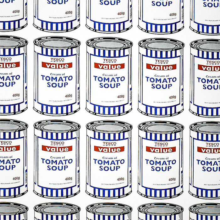 a zoomed in image of an artwork by banksy titled 'soup cans'. the artwork features a repeated image of a tesco value tomato soup tin, which is repeated 25 times on the print in a grid layout. the cans are in a simplified, pop art screenprint style, in order to reference andy warhol. this is a banksy poster, Banksy Soup Cans Poster
