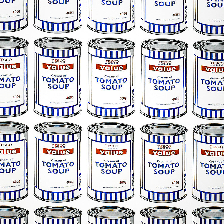 a zoomed in image of an artwork by banksy titled 'soup cans'. the artwork features a repeated image of a tesco value tomato soup tin, which is repeated 25 times on the print in a grid layout. the cans are in a simplified, pop art screenprint style, in order to reference andy warhol. this is a banksy poster, Banksy Soup Cans Poster
