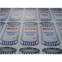 a zoomed in and angled image of an artwork by banksy titled 'soup cans'. the artwork features a repeated image of a tesco value tomato soup tin, which is repeated 25 times on the print in a grid layout. the cans are in a simplified, pop art screenprint style, in order to reference andy warhol. this is a banksy poster, Banksy Soup Cans Poster