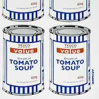 a high zoom image of an artwork by banksy titled 'soup cans'. the artwork features a repeated image of a tesco value tomato soup tin, which is repeated 25 times on the print in a grid layout. the cans are in a simplified, pop art screenprint style, in order to reference andy warhol. this is a banksy poster, Banksy Soup Cans Poster