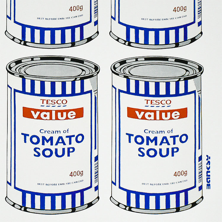 a high zoom image of an artwork by banksy titled 'soup cans'. the artwork features a repeated image of a tesco value tomato soup tin, which is repeated 25 times on the print in a grid layout. the cans are in a simplified, pop art screenprint style, in order to reference andy warhol. this is a banksy poster, Banksy Soup Cans Poster
