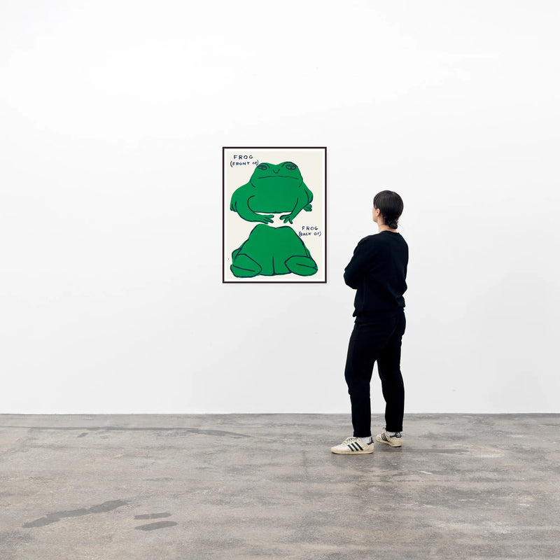 photo of a framed david shrigley art print on a wall with a spectator viewing the piece. the piece features images of the front and back of a cartoonishly painted frog, with the words 'FROG (FRONT OF) FROG (BACK OF)'. Buy David Shrigley, David Shrigley Prints, David Shrigley art, David Shrigley poster, david shrigley art prints