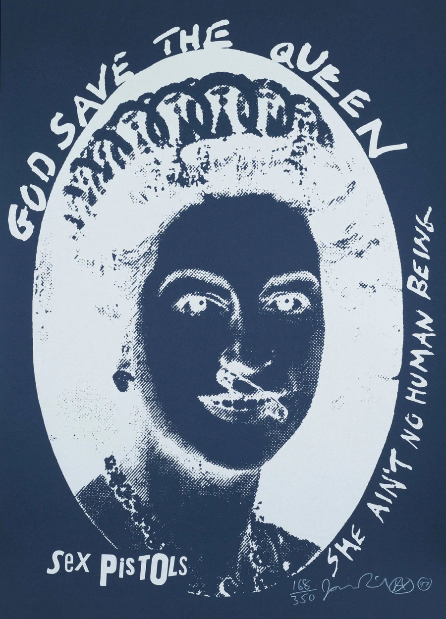An image of a jamie reid artwork 'God Save the Queen', in a silver and blue colourway. the shadows are in navy blue, while lighter areas are in silver. the artwork shows an image of queen elizabeth the second, and states God Save the Queen She Ain't no human being sex pistols.