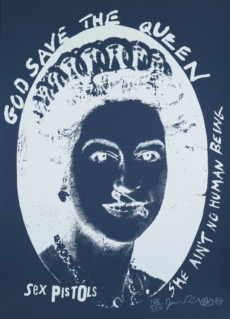 An image of a jamie reid artwork 'God Save the Queen', in a silver and blue colourway. the shadows are in navy blue, while lighter areas are in silver. the artwork shows an image of queen elizabeth the second, and states God Save the Queen She Ain't no human being sex pistols.