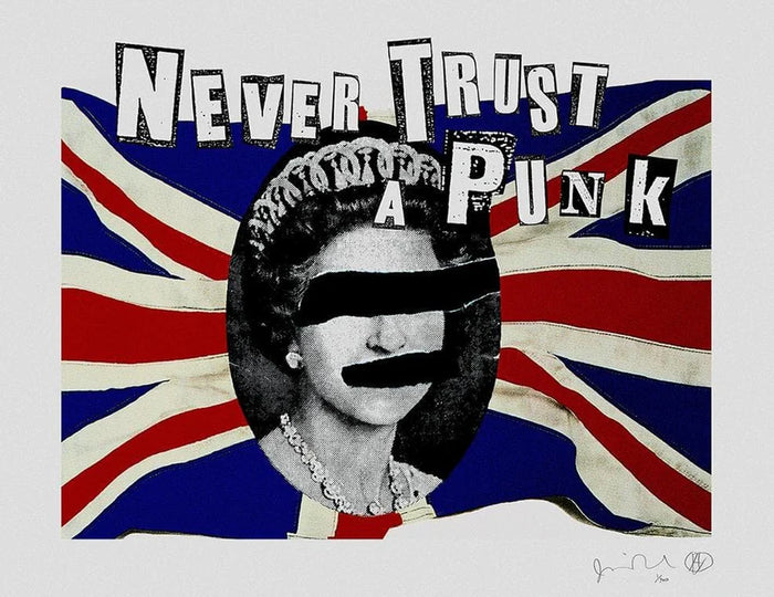 an image of a jamie reid artwork titled never trust a punk. the artwork features a union jack flag, with an oval image of queen elizabeth, featuring censored eyes and mouth. overlayed are the ransom letters spelling 'NEVER TRUST A PUNK', and jamie reid's signature is found on the bottom right.