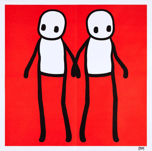 a print with a red background with 2 stik men holding hands 