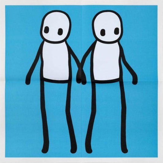 Stik Holding Hands print on a blue background featuring 2 stik men holding hands 