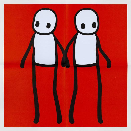 STIK lithograph print on a red backgroud featuring 2 stik men holding hands 