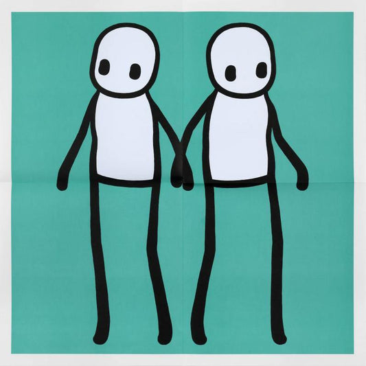 Stik lithograph print on a teal background featuring 2 stik men holding hands 