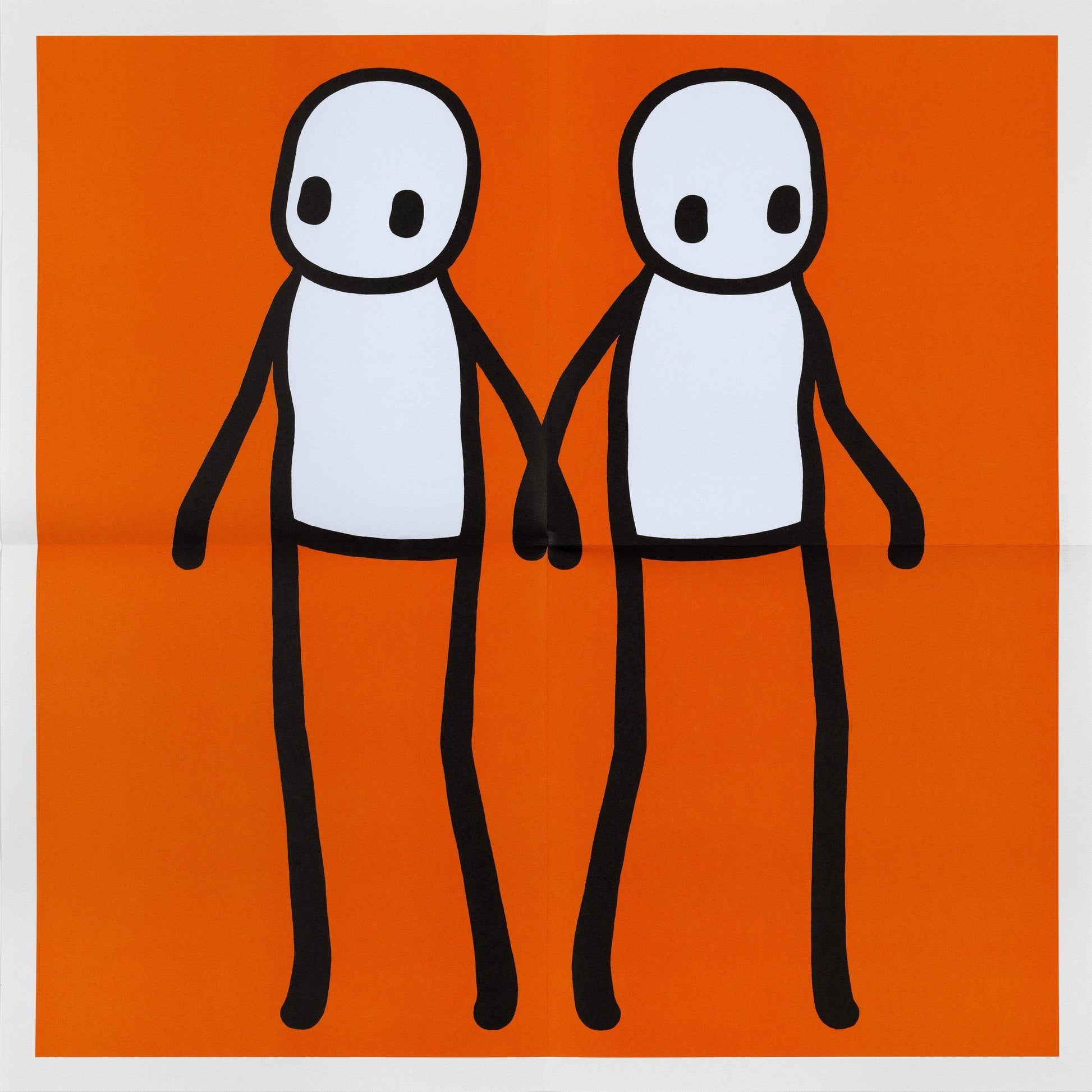 STIK Holding Hands ornage print featuring 2 stik men holding hands on an orange background 