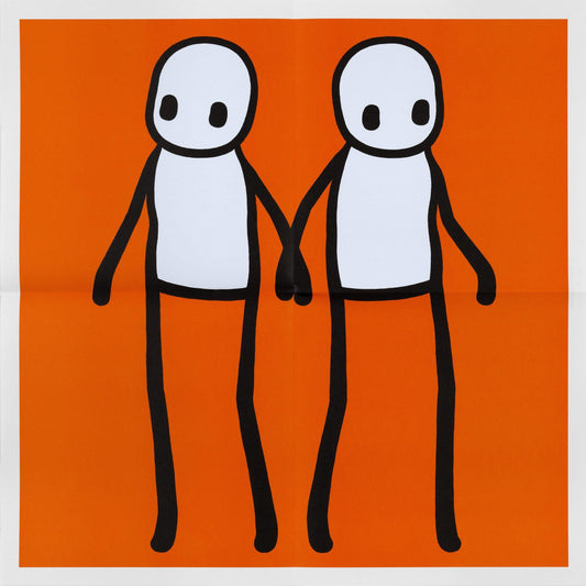 STIK Holding Hands ornage print featuring 2 stik men holding hands on an ornasge background 