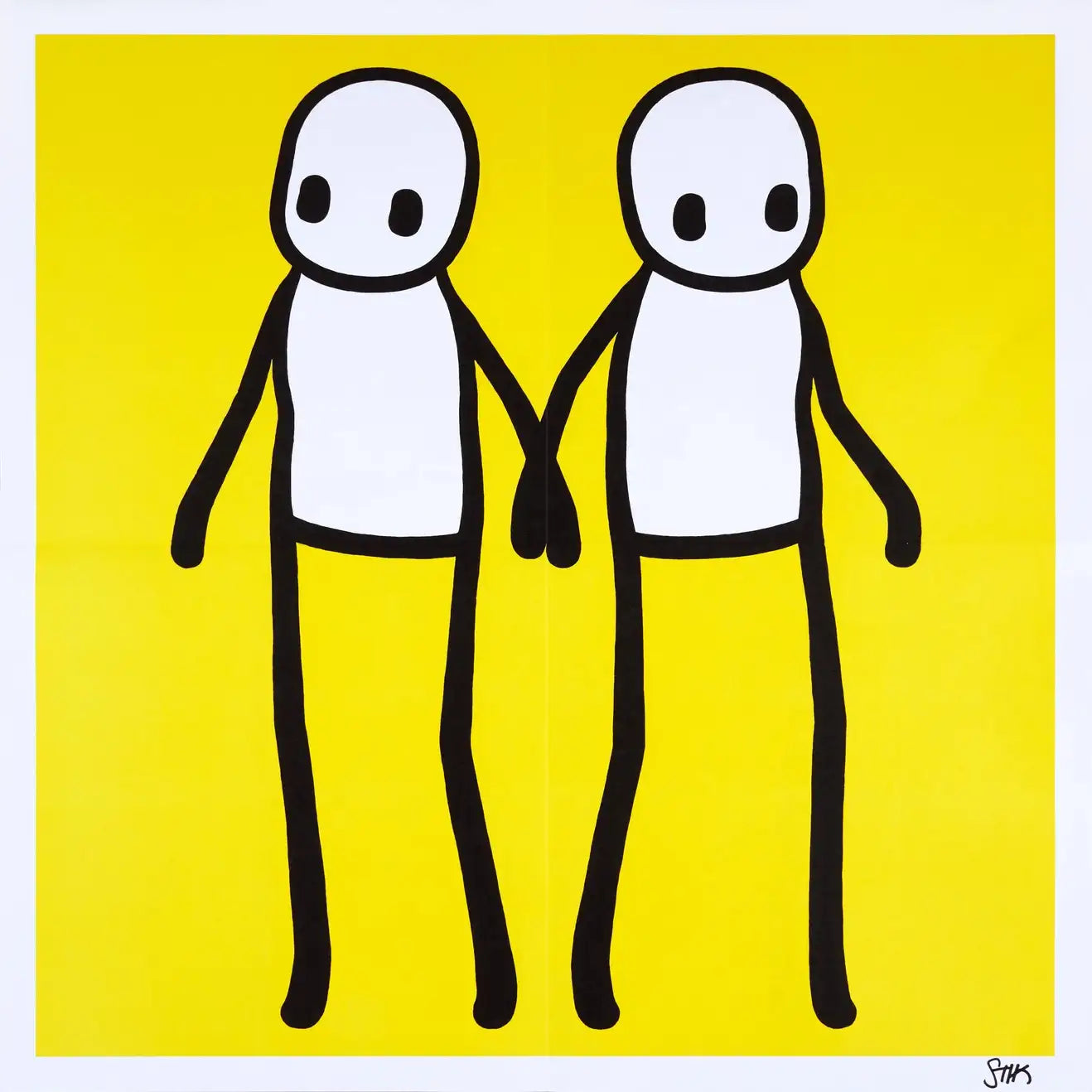 Yellow lithograph print featuring two stik men holding hands 