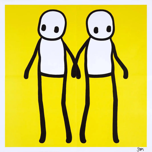 Yellow lithograph print featuring two stik men holding hands 