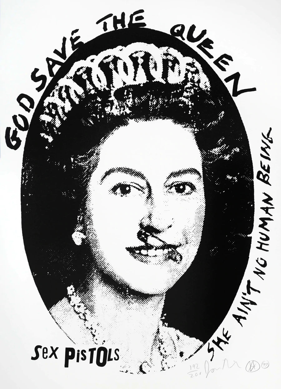this is an image of an artwork by jamie reid created for the sex pistols, featuring queen elizabeth the second. the artwork is in a black and white colourway, and states god save the queen she ain't no human being sex pistols.