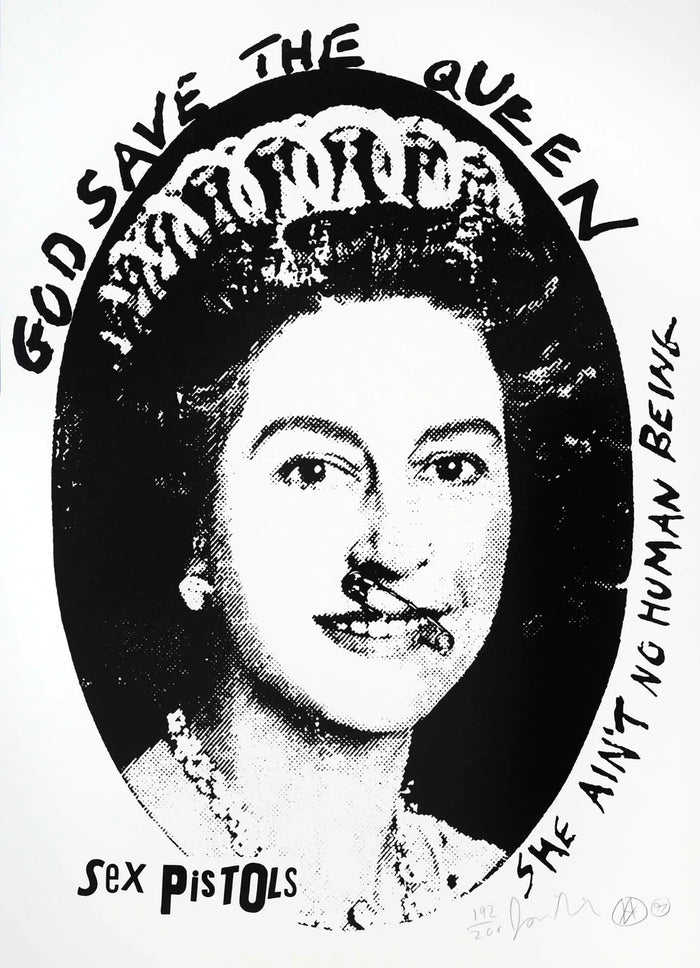 this is an image of an artwork by jamie reid created for the sex pistols, featuring queen elizabeth the second. the artwork is in a black and white colourway, and states god save the queen she ain't no human being sex pistols.