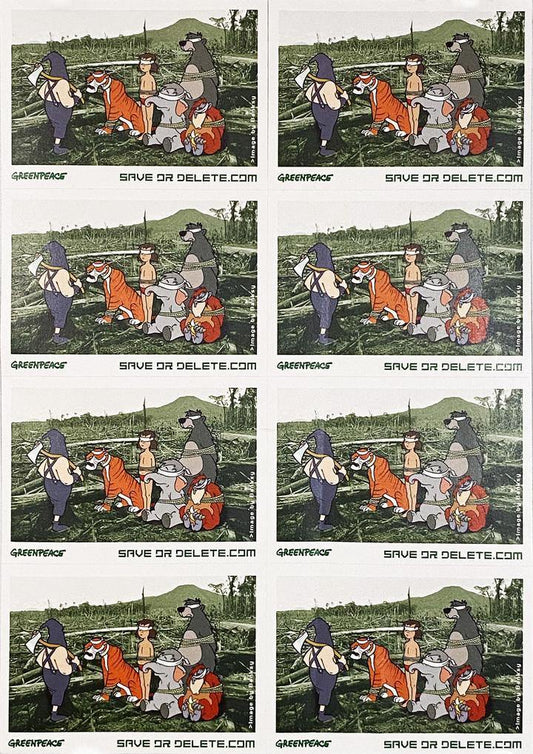 Buy Banksy, Banksy prints for sale, Banksy prints online. Image is of 8 stickers featuring cartoon animals blindfolded in the midst of a devastated forest. Underneath each image is the Greenpeace logo and the website address 'Saveordelete.com'