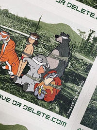 Buy Banksy, Banksy prints for sale, Banksy prints online. Image is of a sticker featuring cartoon animals blindfolded in the midst of a devastated forest. Underneath the image is the Greenpeace logo and the website address 'Saveordelete.com'