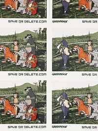 Buy Banksy, Banksy prints for sale, Banksy prints online. Image is of a sticker featuring cartoon animals blindfolded in the midst of a devastated forest. Underneath the image is the Greenpeace logo and the website address 'Saveordelete.com'