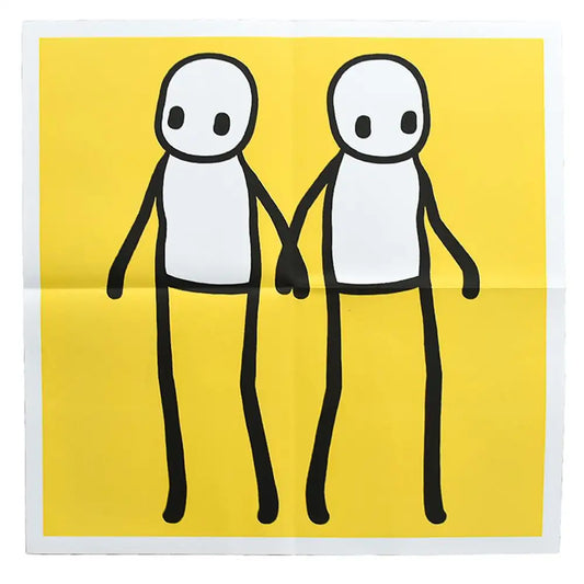 Stik lithograph print on a yellow background featuring 2 stik men holding hands