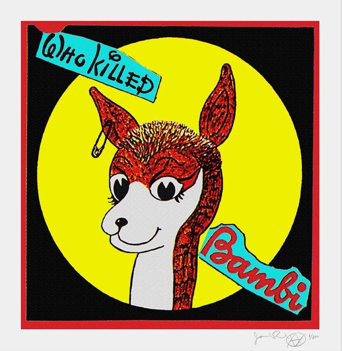 an image of the jamie reid artwork titled who killed bambi, which playfully uses the disney font to state who killed bambi, and has a cartoonish depiction of a deer with a safety pin through its ear